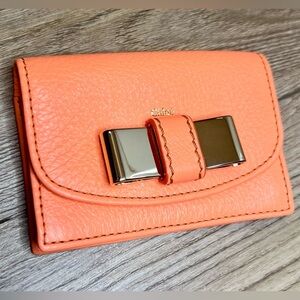 Chloe Leather Bow Card Holder Wallet in Salmon/Coral